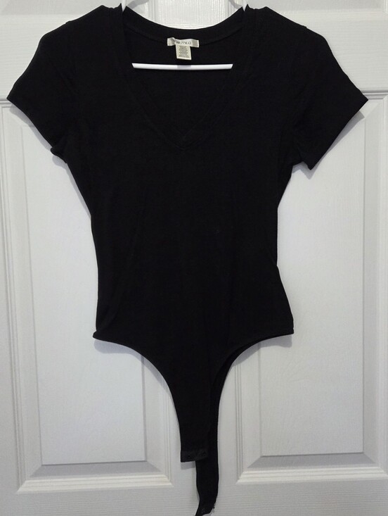 Bozzolo Tops - Bozzolo Black V-Neck Short Sleeve Cotton Blend Bodysuit Size Medium Minimalist